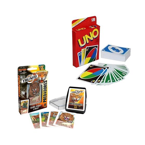 Imagem de Kit Jogo de Cartas Infantil Uno Clássico Original Mattel  Super Trunfo Predadores Grow