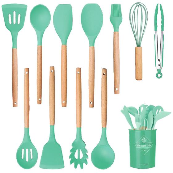 Imagem de Kit Jogo De Cozinha Silicone 12 Peças Utensílios Deluxe Cabo De Madeira Top