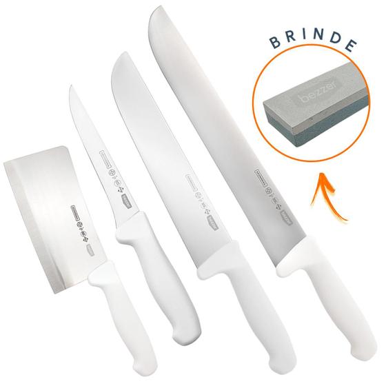 Imagem de Kit Jogo de Facas 5 Pçs Mundial Desossa Cutelo Inox + Pedra de Afiar Para Açougue e Restaurante