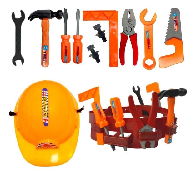 Imagem de Kit Jogo De Ferramentas Infantil Cinto Construtor + Capacete Brinquedo Educativo 14 peças