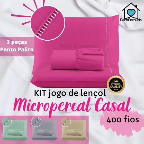 Imagem de Kit Jogo de Lençol Micropercal 400 Fios Ponto Palito 03 Peças- Casal Padrão