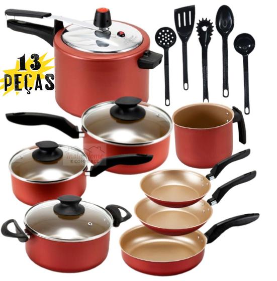 Kit Jogo de Panelas 13 Peça Completo Antiaderente Teflon Com Panela de Pressão 4,5L Cereja e Utensilio Menor preço em Kit Jogo de Panelas 13 Peça Completo Antiaderente Teflon Com Panela de Pressão 4,5L Cereja e Utensilio