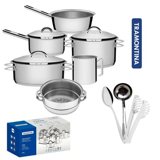 Kit Jogo de Panelas Tramontina Solar 9 Pçs Indução Colher Arroz Concha Feijão Pegador Macarrão Menor preço em Kit Jogo de Panelas Tramontina Solar 9 Pçs Indução Colher Arroz Concha Feijão Pegador Macarrão