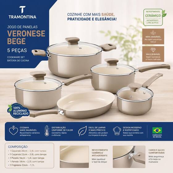 Kit Jogo de Panelas Tramontina Veronese 5 Peças Cerâmica Antiaderente Alumínio Bege