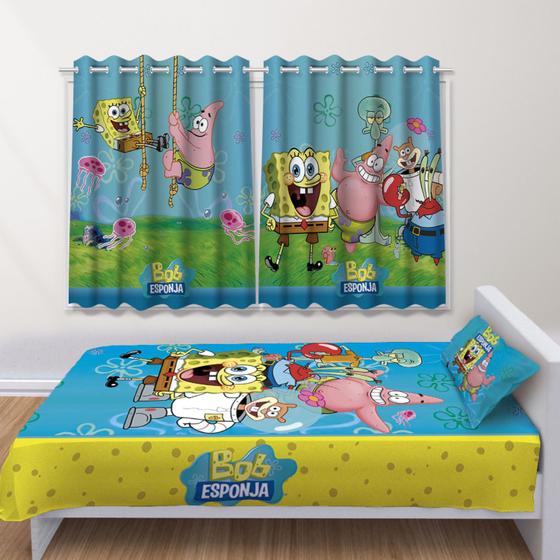 Imagem de Kit Jogo de Quarto Infantil Cortina Jogo De Lençol+Fronha Quarto Infantil BOB ESPONJA-IMPAKTO VISUAL