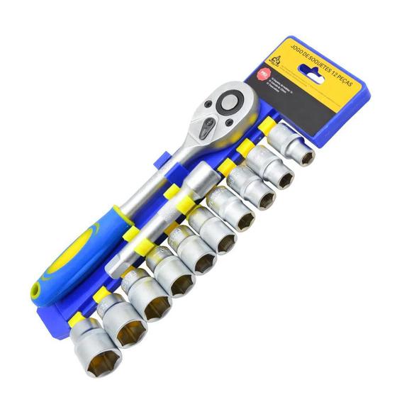 Imagem de Kit Jogo de Soquetes Com Chave Catracada Reversível Encaixe de 1/2" de Aço Cromo-Vanádio 12 Peças