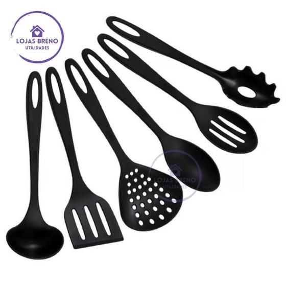 Imagem de Kit Jogo de Utensílios Cozinha 6 Peças Nylon Preto Escumadeira Concha