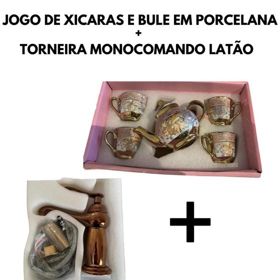 Imagem de kit jogo de xicaras e bule em porcelana e torneira monocomando latão