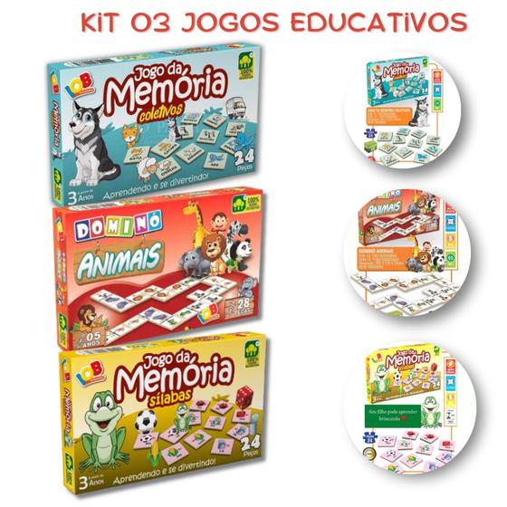 Imagem de Kit Jogo Educativo Infantil Jogo da Memória e Dominó Aprendizado Animais 03 Jogos