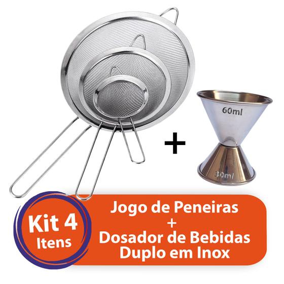 Imagem de Kit Jogo Peneiras Aço Inox 8cm, 10cm e 12cm + Dosador Duplo 30ml / 60ml Inox