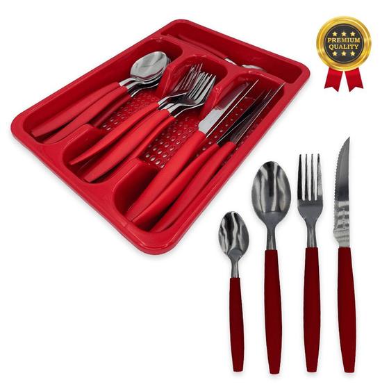 Imagem de Kit Jogo Talheres Faqueiro Completo 25 Peças  Aço Inox Com Gaveteiro Vermelho