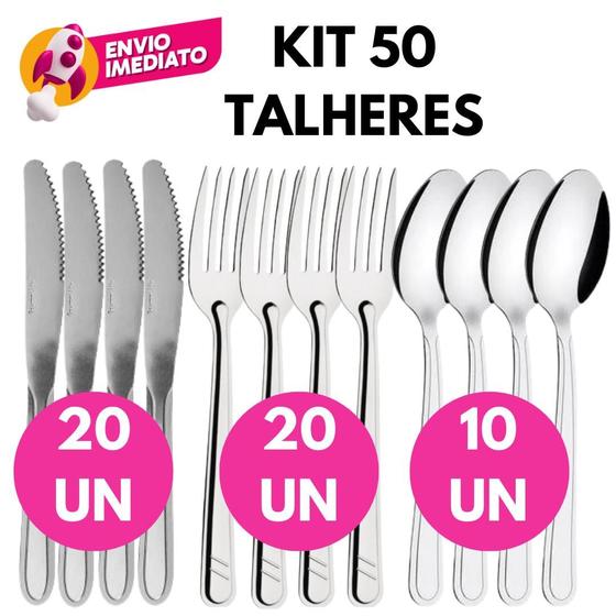 Imagem de Kit Jogo Talheres Inox Com 32, 42 ou 50 Garfo Faca Colher Sopa Mesa Jantar Refeição Restaurante Cozi