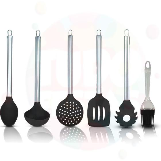 Imagem de Kit Jogo Talheres Silicone Cabo Inox De Cozinha 6 Peças Colher Concha Escumadeira Espátula Pincel Pegador