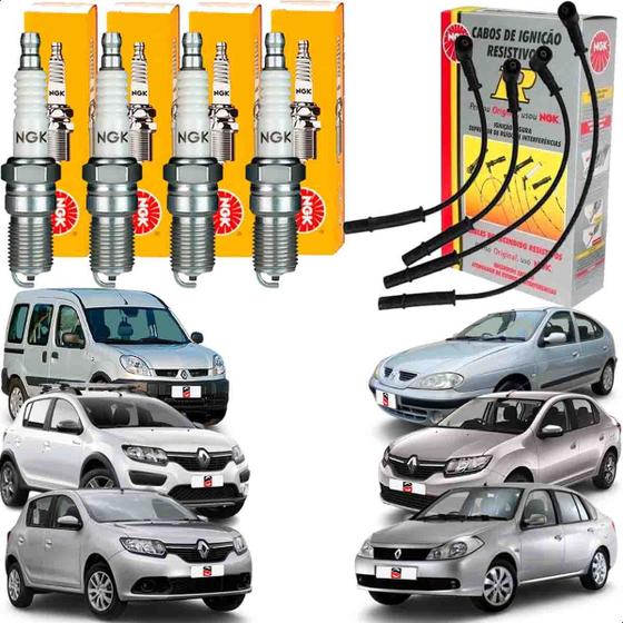 Imagem de Kit Jogo Velas Ignicao + Cabo De Vela Ngk Clio Kangoo Logan Megane Sandero Stepway Symbol 96 97 98 99 2000 2001 2002 a 2017