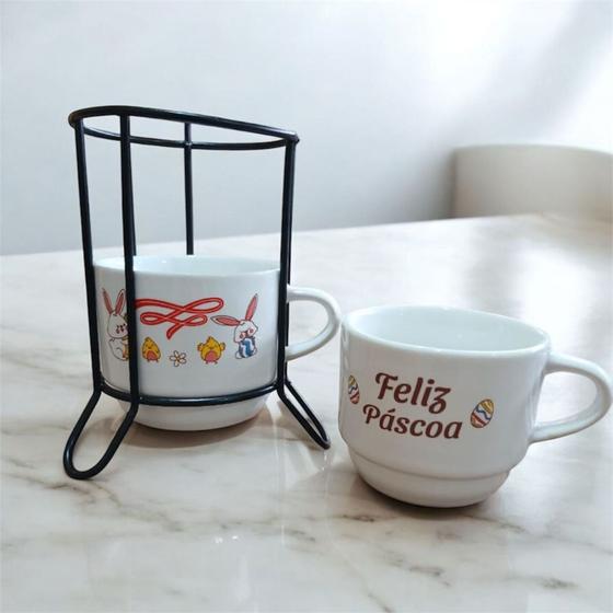 Imagem de Kit/ Jogo Xícara café chá com 2 Empilhável 200ml Páscoa - Ovinhos