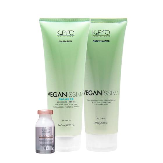 Imagem de Kit K.Pro Veganíssima Balance Shampoo Acidificante e Regenér Shot Repair Ampola (3 produtos)