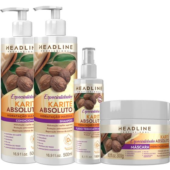 Imagem de Kit Karite Especialidades HeadLine Linha Completa Profissional 4 Produtos Hidratação Vegano 500ml