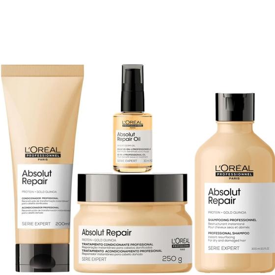 Imagem de Kit L'Oréal Professionnel Absolut Repair Gold Quinoa + Protein Quarteto (Shampoo + Condicionador + Máscara + Óleo) 