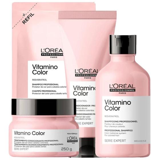 Imagem de Kit L'Oréal Vitamino Color Refil Shampoo 240ml + Shampoo 300ml + Condicionador 200ml + Máscara 250g