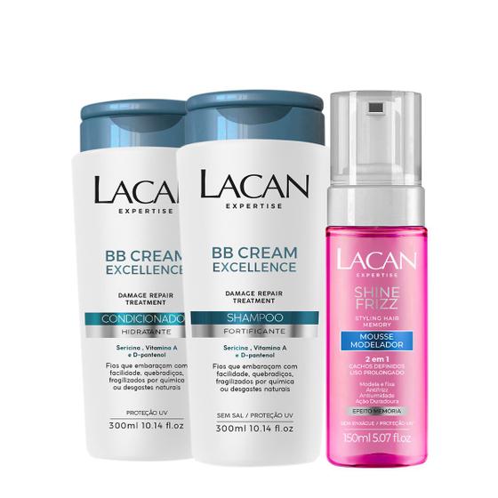 Imagem de Kit Lacan BB Cream Excellence Shampoo Condicionador e Mousse Shine Frizz (3 produtos)