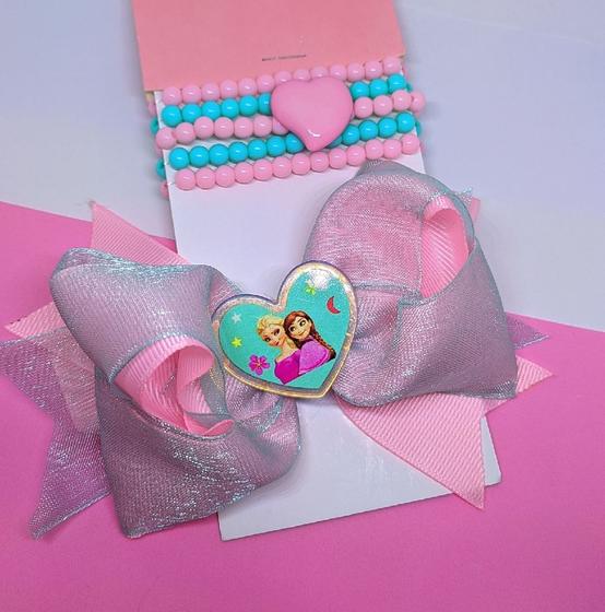 Imagem de Kit Laço de Cabelo Infantil Meninas Lacinho  + Cojunto Mix 5 Pulseiras miçangas Coloridas Princesas Disney Presente