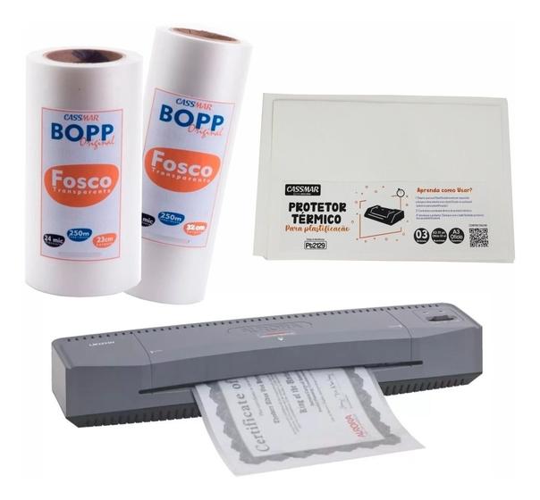 Imagem de Kit Laminadora Aurora A3 110V + Bopp A4 + Bopp A3 Fosco Cassmar