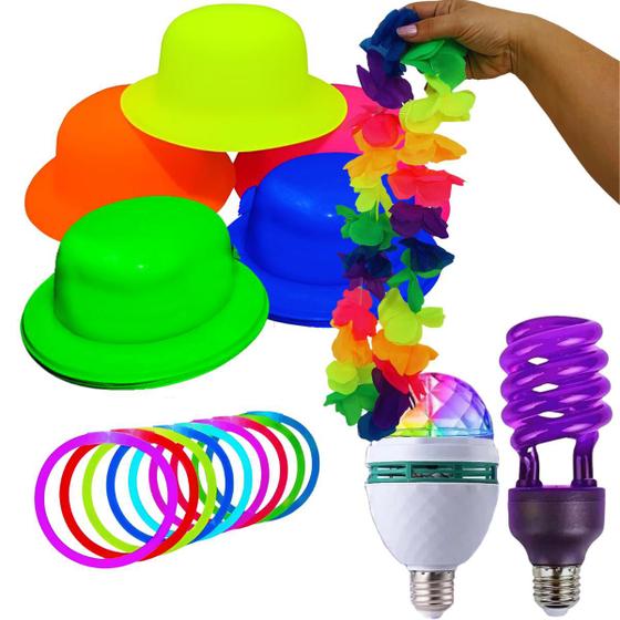 Imagem de Kit Lâmpada RGB e Espiral UV Com 32pç Chapéus Colares Neon