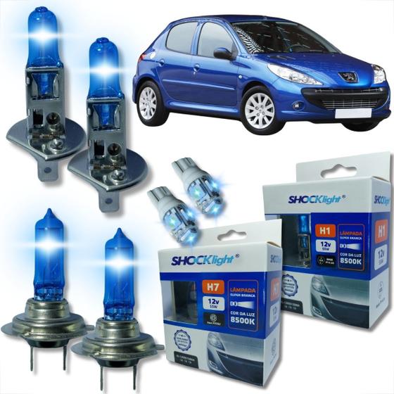 Imagem de Kit lâmpada shocklight super branca farol alto baixo e lanterna h1 h7 t10 duplo foco 55w 12v 8500k