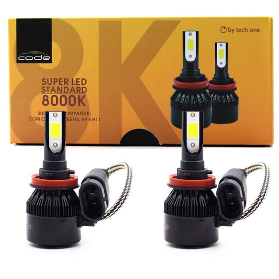 Imagem de Kit Lâmpadas Automotiva  Super  LED H8 H9 H11 Code 8000K Bivolt 12V 7800 Lúmens Luz Branca Carro Moto Tech One