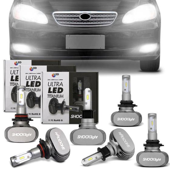 Kit Lâmpadas Ultra LED Toyota Corolla 03 A 07 Farol Alto HB3 Baixo HB4 e Milha H3 6000K Efeito Xênon Menor preço em Kit Lâmpadas Ultra LED Toyota Corolla 03 A 07 Farol Alto HB3 Baixo HB4 e Milha H3 6000K Efeito Xênon