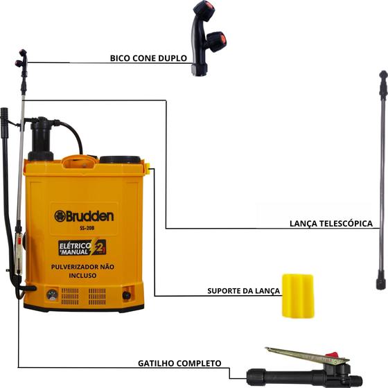 Kit Lança Completa com Bico Cônico Duplo e Gatilho Pulverizador Costal Elétrico Brudden Menor preço em Kit Lança Completa com Bico Cônico Duplo e Gatilho Pulverizador Costal Elétrico Brudden