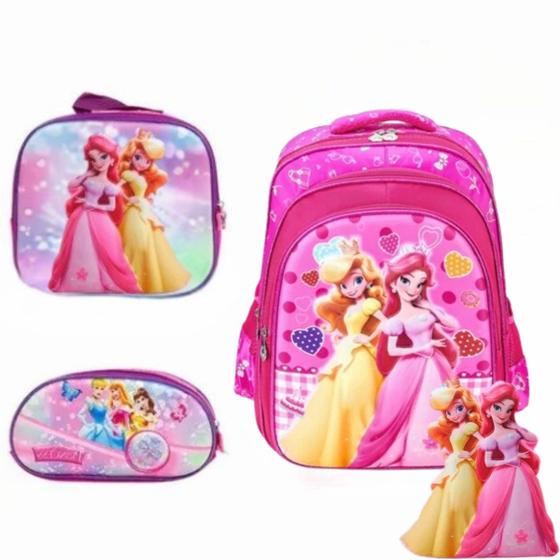 Imagem de Kit Lancheira Mochila E Estojo Para Menina Rosa Com Estampa Brilhante Ideal Para Presentear Com Garantia