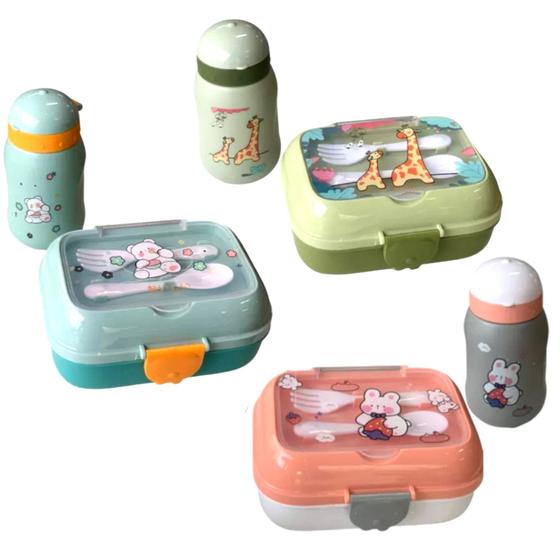 Imagem de Kit Lancheira Potes 480mL Marmita Infantil Bebê Escola Creche com Garrafa 500mL Colher Garfo 2 Divisórias Bolsa