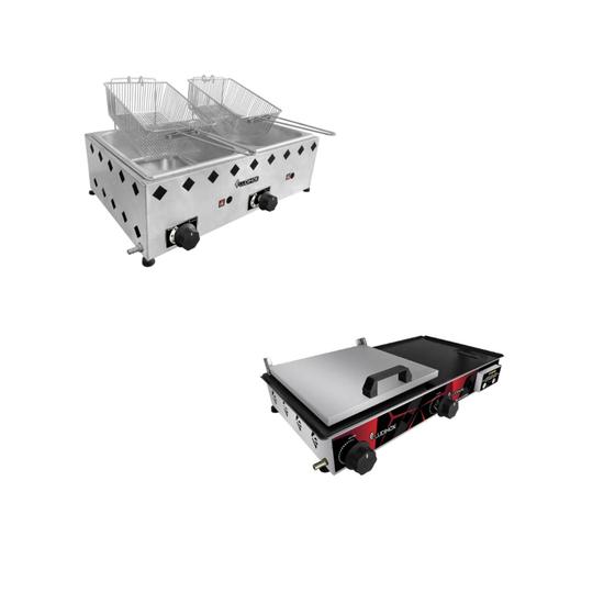 Imagem de KiT lanchonete com combo de 1 Chapeira 60x30 com prensa + 1 Fritadeira 2 cubas inox  5L