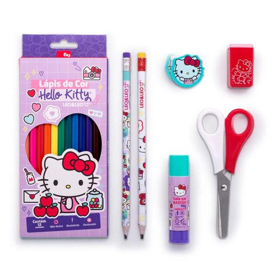 Imagem de Kit Lápis De Cor 12 Cores + Itens Hello Kitty Leo&Leo