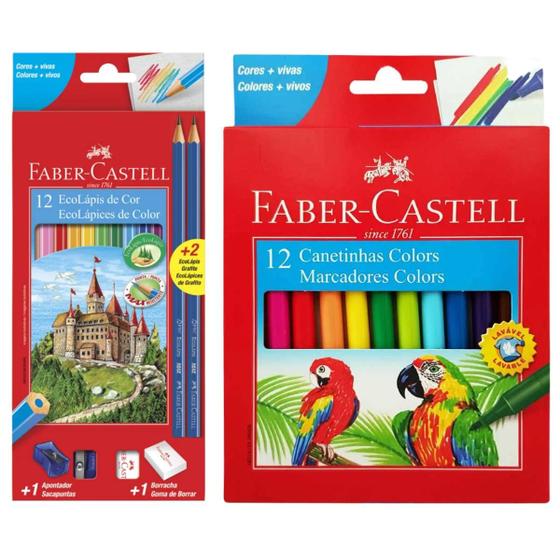 Imagem de Kit Lápis de cor Faber Castell EcoLápis com 12 cores + dois lápis preto + apontador + borracha + canetinha com 12 cores