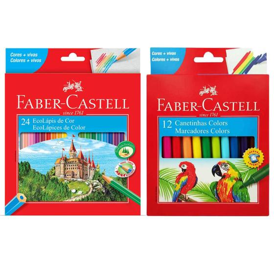 Imagem de Kit Lápis de cor Faber Castell EcoLápis com 24 cores + canetinhas com 12 cores vivas