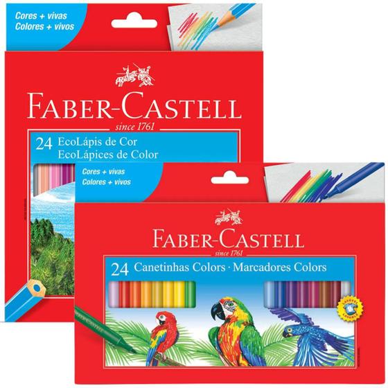 Imagem de Kit Lápis de cor Faber Castell EcoLápis com 24 cores + estojo de canetinhas com 24 cores vivas