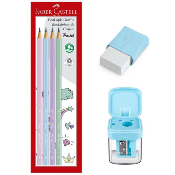 Imagem de Kit lápis grafite EcoLápis n2 com 4 unidades + 1 Apontador + 1 Borracha Faber-Castell Tons pastel, escolha a cor