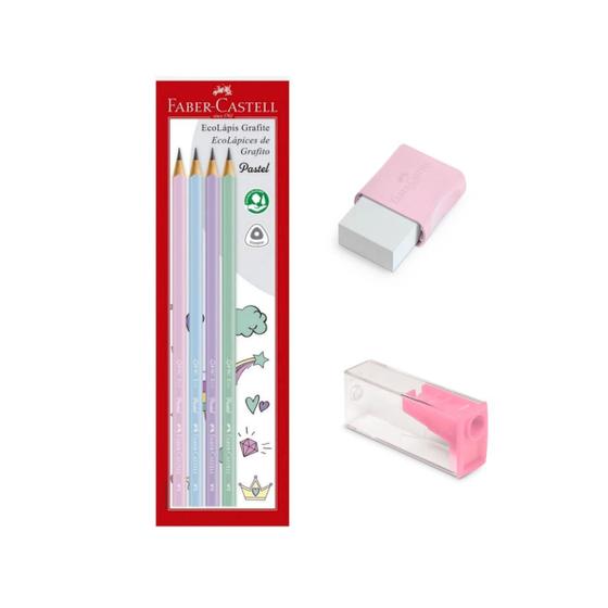 Imagem de Kit lápis grafite EcoLápis n2 com 4 unidades + 1 Apontador + 1 Borracha Faber-Castell Tons pastel, escolha a cor