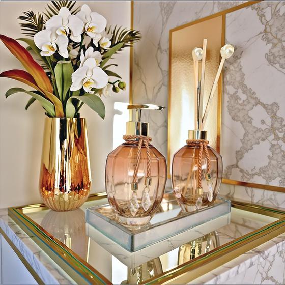 Kit Lavabo Banheiro Completo Ambar Decoração Prata Vidro Super Luxo Presente Ambar