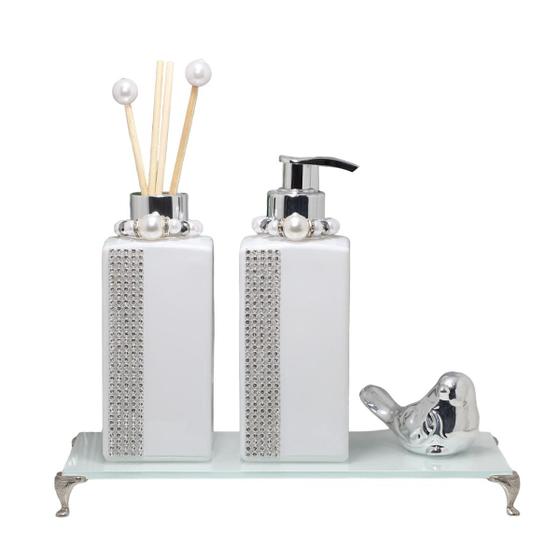 Imagem de Kit Lavabo Banheiro Difusor Aromas  Branco Passarinho Luxo