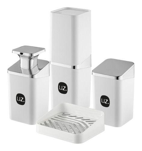 Imagem de Kit Lavabo Banheiro Porta Escova Saboneteira 4 Peças Branco Metalizado Uz