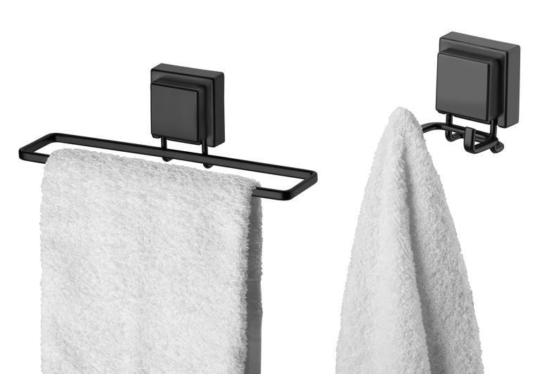 Imagem de kit lavabo banheiro preto fosco ventosa 02 peças Future gancho duplo e toalheiro rosto