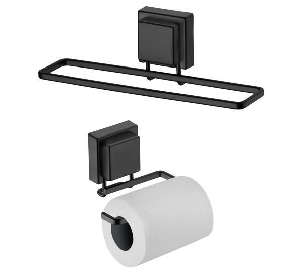 Imagem de kit lavabo banheiro preto fosco ventosa 02 peças Future porta toalha rosto e porta papel higiênico