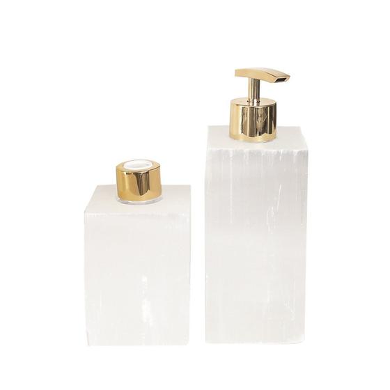 Imagem de Kit Lavabo Difusor e Saboneteira Cristal Selenita e Dourado