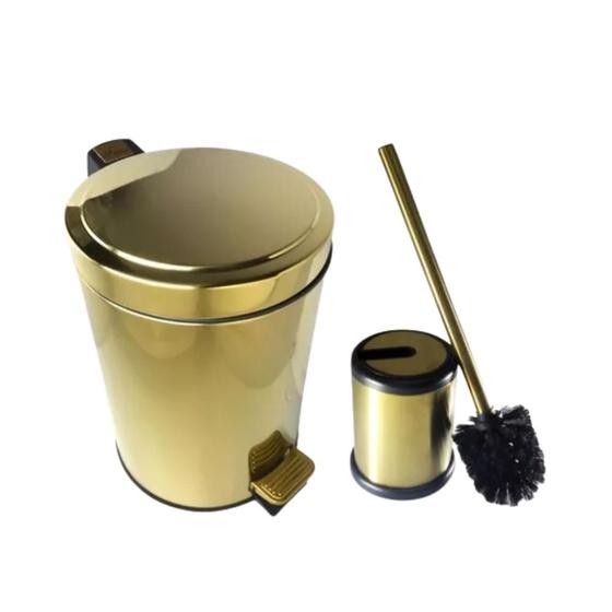 Imagem de Kit Lavabo Inox Dourado Lixeira 5L e Escova Easy Fineza