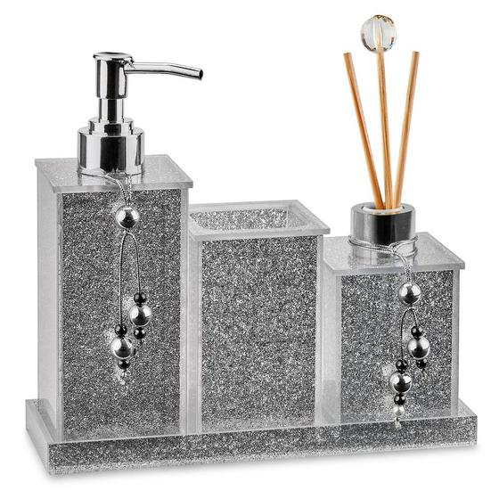 Kit Lavabo / Kit Saboneteira / Jogo Banheiro C/ Saboneteira Difusor Pote Bandeja Acrílico Glitter Prata Menor preço em Kit Lavabo / Kit Saboneteira / Jogo Banheiro C/ Saboneteira Difusor Pote Bandeja Acrílico Glitter Prata