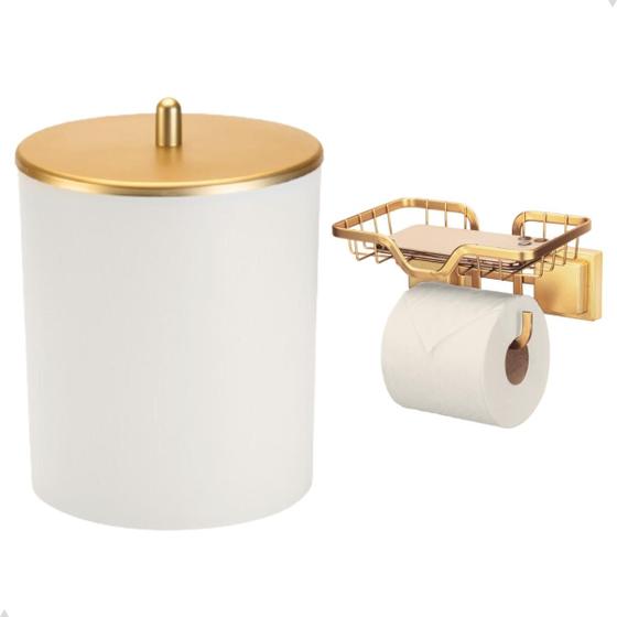 Imagem de Kit Lavabo Papeleira Dourada Com Porta Celular e  Lixeira Branca 5L com Tampa Dourada