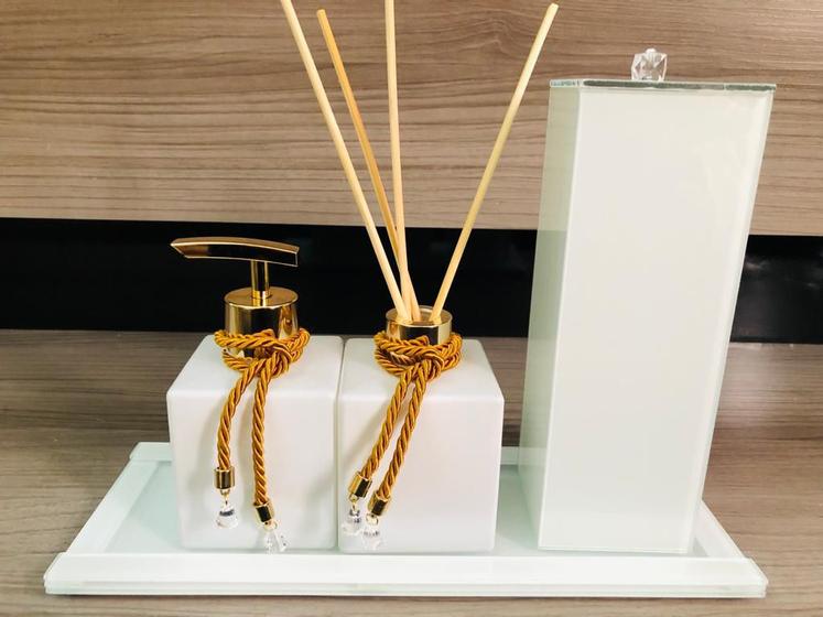 Kit Lavabo Pia Jogo Aroma Branco Dourado Porta Escova Casa